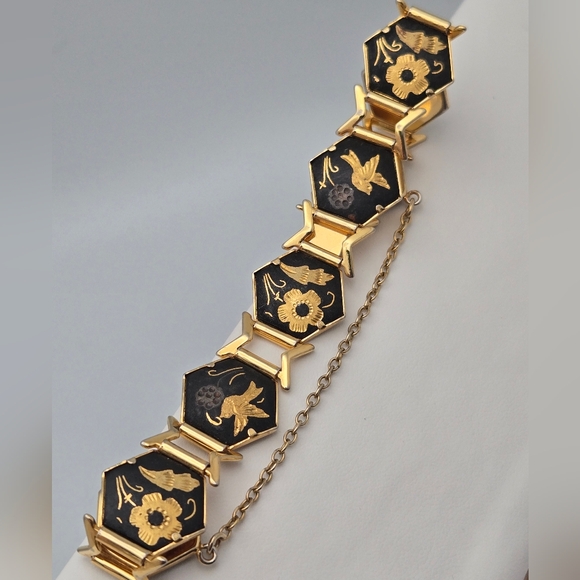 Damascene Jewelry - Vintage Gold Tone Damascene Bracelet Floral Bird Panels Safety Chain